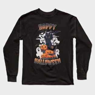 HAPPY HALLOWEEN - BLACK CAT, GHOSTS & PUMPKINS Long Sleeve T-Shirt